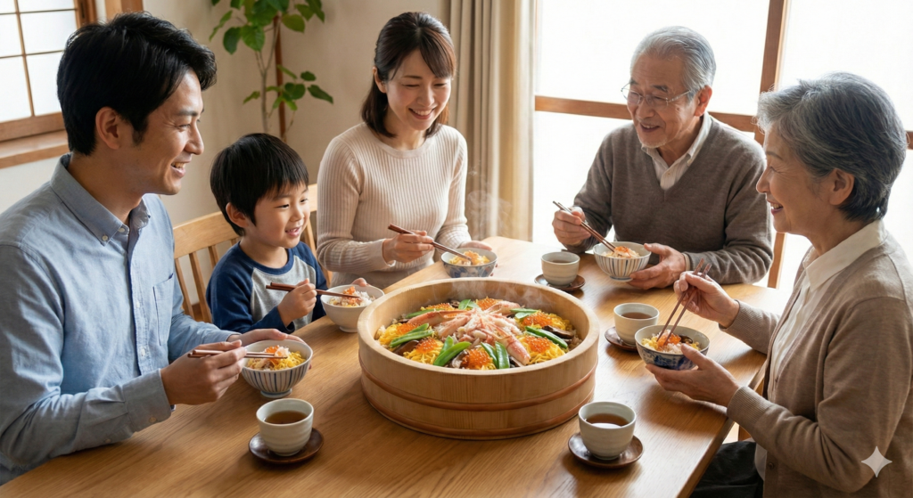 カニチラシを一貫団欒で楽しむ様子